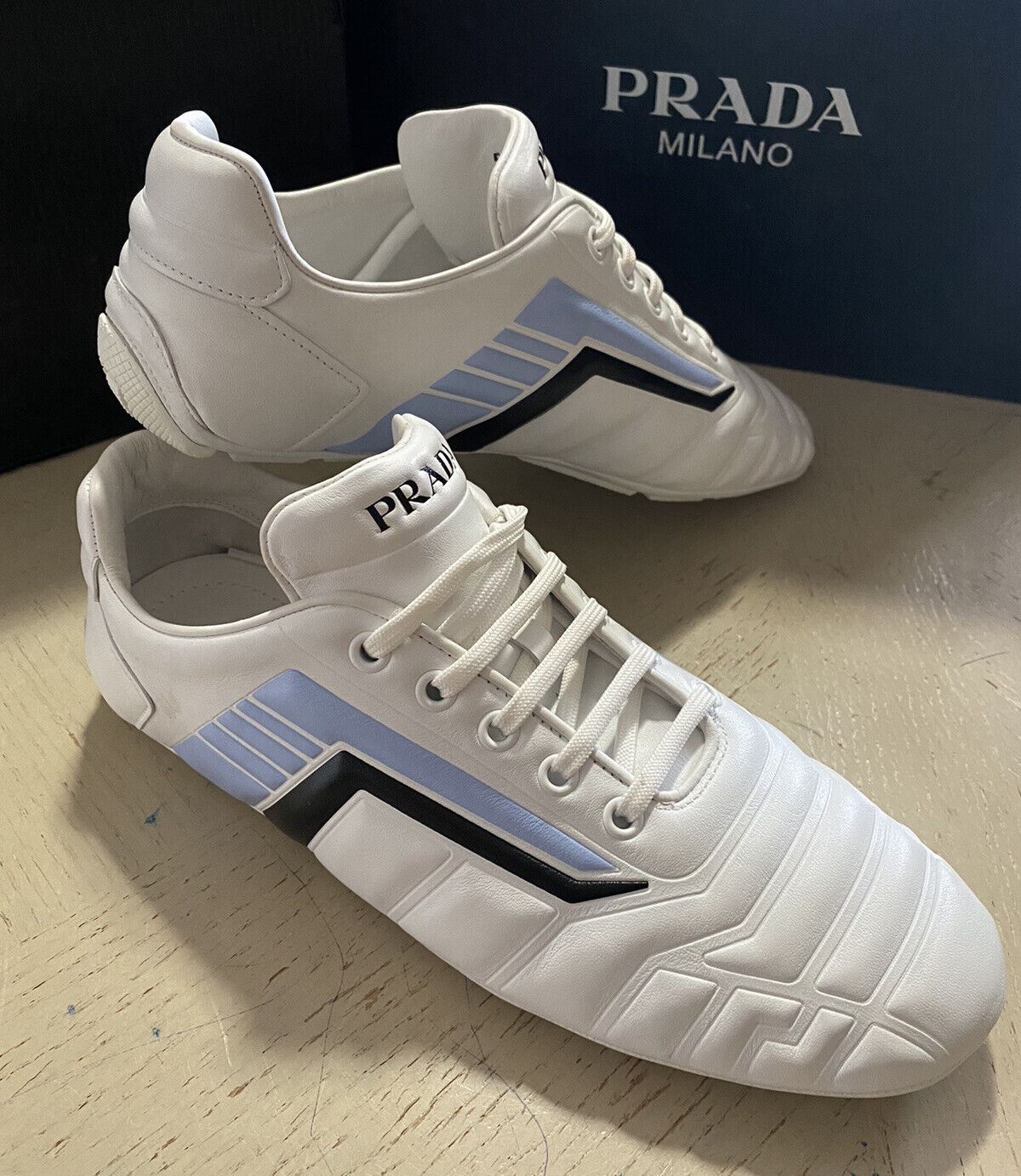 NIB $ 820 PRADA Race Track Leder-Sneakers Schuhe BIANCO AZZURRO 9 US/39 Eu