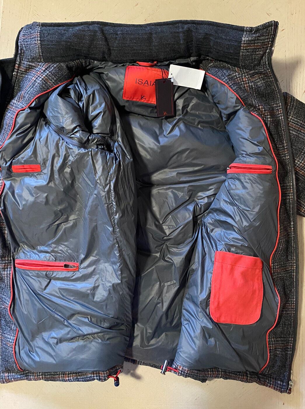 New $3250 Isaia Glen Plaid Puffer Jacket  Vest Coat Charcoal 42 US/52 Eu Italy