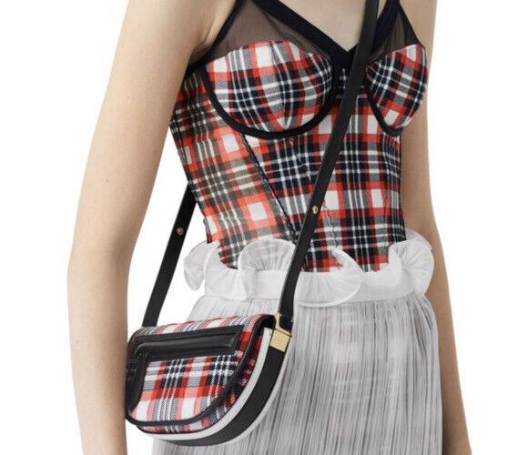 New Burberry Olympia Tartan Knit Saddle Bag  Red/Multi Italy