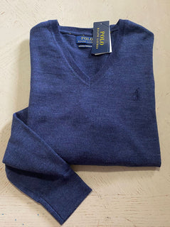 Neu mit Etikett: Polo Ralph Lauren Herren-Wollpullover mit V-Ausschnitt, Fresco Blue, Größe S