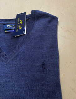 Neu mit Etikett: Polo Ralph Lauren Herren-Wollpullover mit V-Ausschnitt, Fresco Blue, Größe XXL