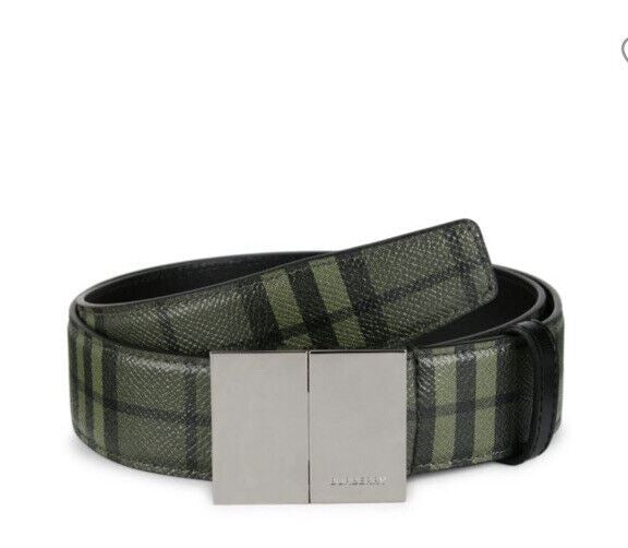 New Burberry Check Leather Belt Military Green 110/44 Italy