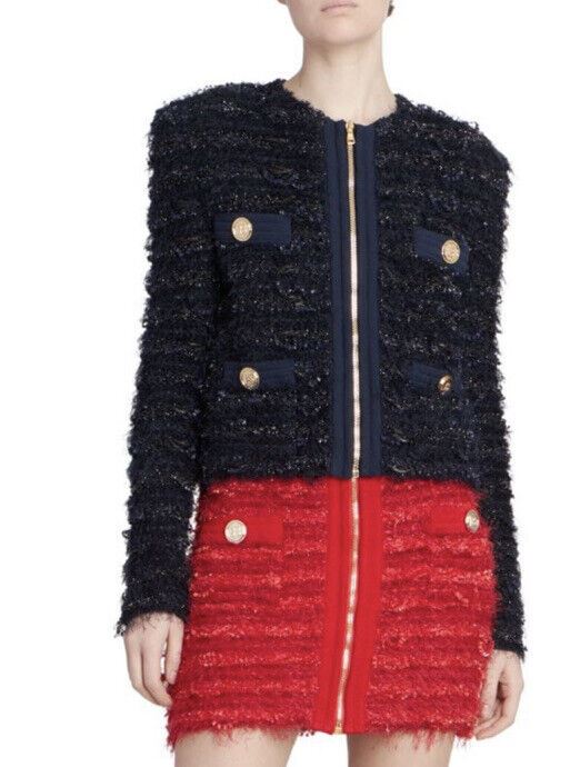New $2750 Balmain Tweed Zip Jacket Dark Blue Size  42/10 France