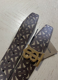 New Burberry TB Canvas & Leather Reversible Belt Brown/Black 80/32 Italy