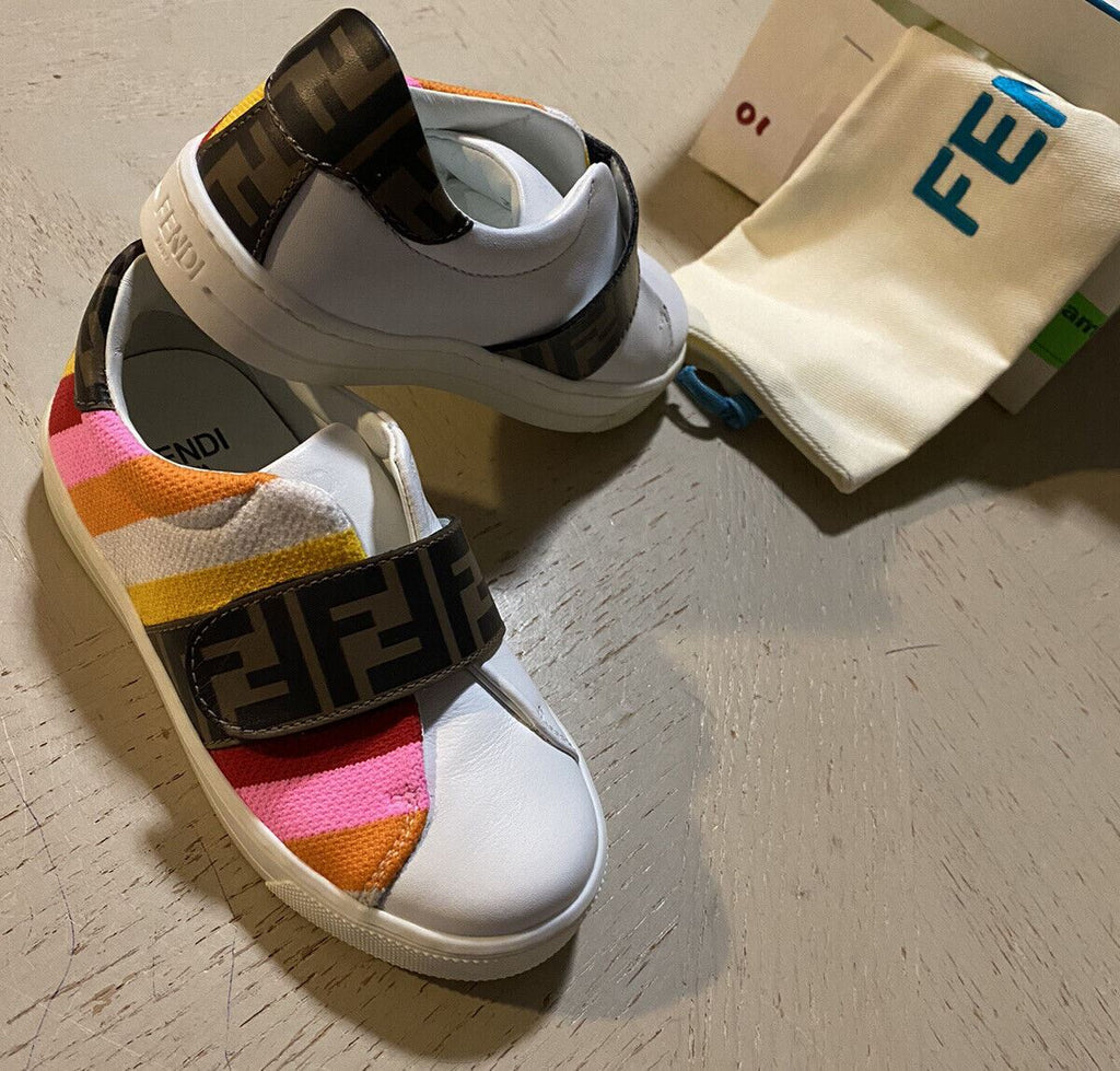 NIB 503 $ Fendi Gestreifte Leder-Logo-Sneaker für kleine Mädchen Pink/Btown 25/8,5 Tod