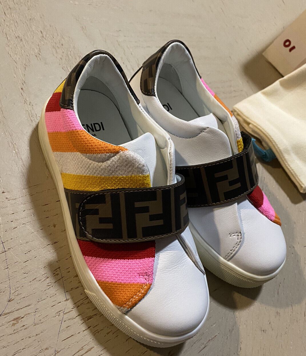 NIB $503 Fendi Little Girl's Striped Leather Logo Sneakers Pink/Btown 25/8.5 Tod