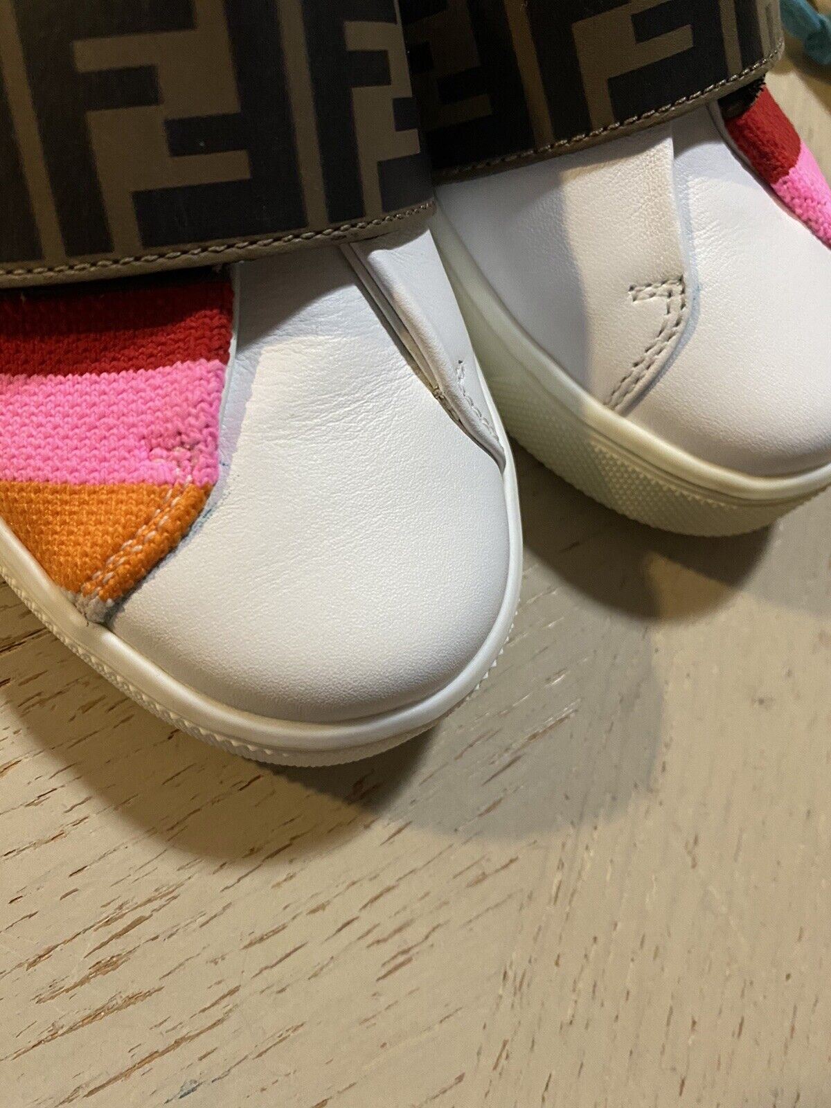 NIB $503 Fendi Little Girl's Striped Leather Logo Sneakers Pink/Btown 25/8.5 Tod