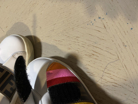 NIB $503 Fendi Little Girl's Striped Leather Logo Sneakers Pink/Btown 25/8.5 Tod