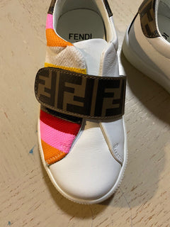NIB 503 $ Fendi Gestreifte Leder-Logo-Sneaker für kleine Mädchen Pink/Btown 25/8,5 Tod