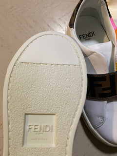 NIB 503 $ Fendi Gestreifte Leder-Logo-Sneaker für kleine Mädchen Pink/Btown 25/8,5 Tod