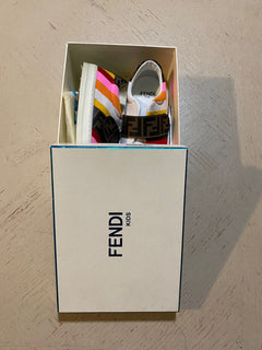 NIB 503 $ Fendi Gestreifte Leder-Logo-Sneaker für kleine Mädchen Pink/Btown 25/8,5 Tod