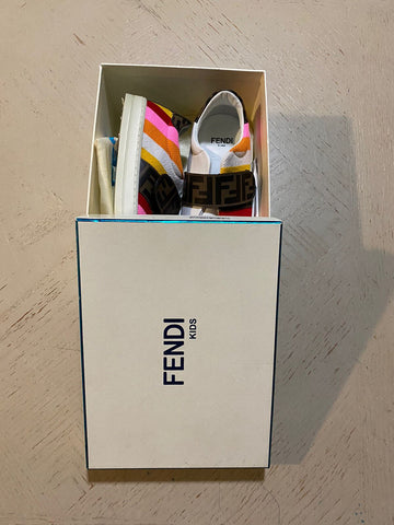 NIB $503 Fendi Little Girl's Striped Leather Logo Sneakers Pink/Btown 25/8.5 Tod