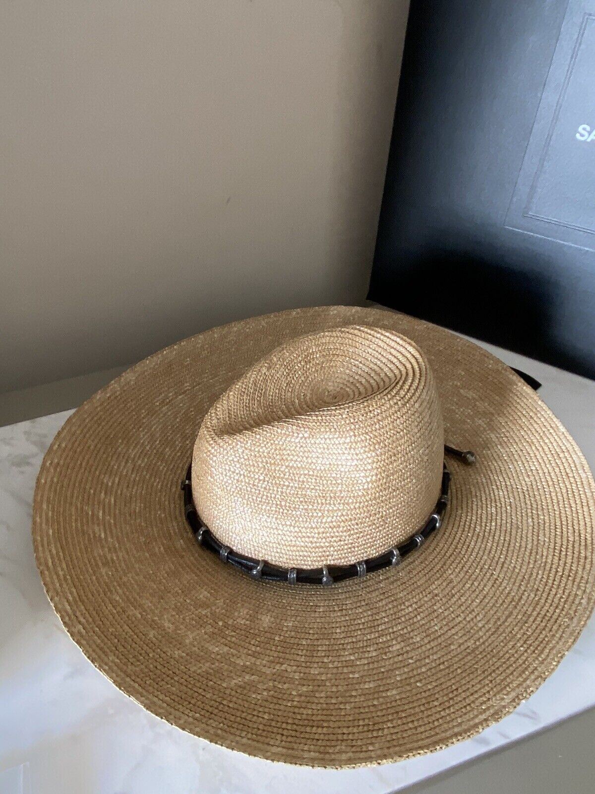 NWT $995 Saint Laurent Mens Straw Cowboy Hat With Leather  Beige L