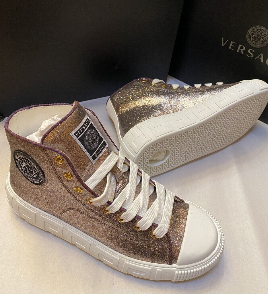 NIB Versace Damen La Greca Glitter High-Top-Sneaker Multi/Weiß9,5 US/39,5 Eu