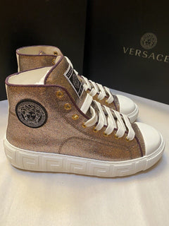 NIB Versace Damen La Greca Glitter High-Top-Sneaker Multi/Weiß9,5 US/39,5 Eu