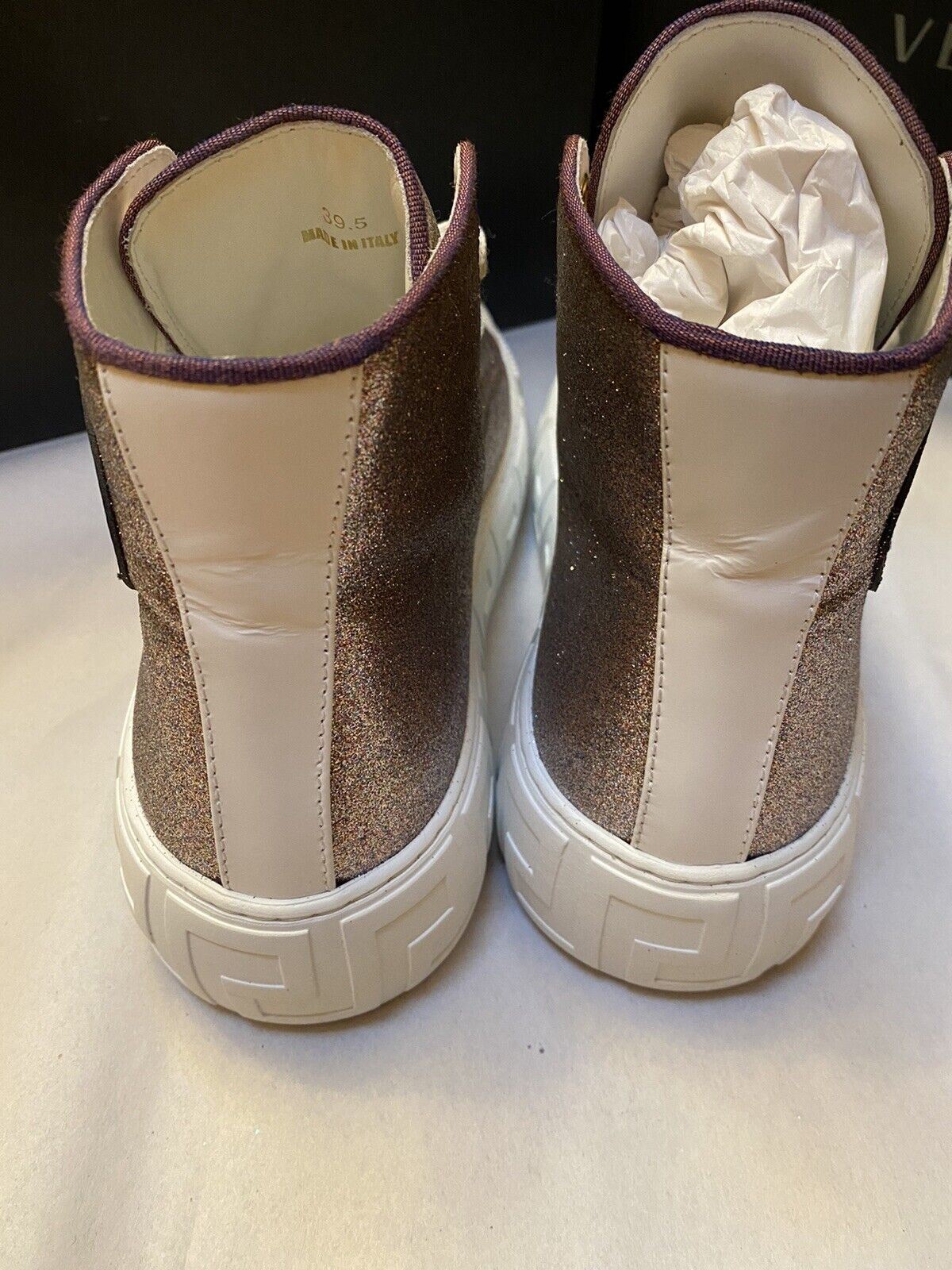 NIB Versace Women  La Greca Glitter High-Top Sneakers Multi/White9.5 US/39.5 Eu
