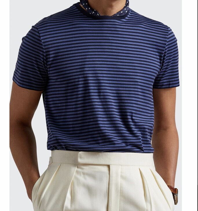 Neu mit Etikett: Gestreiftes Rundhals-T-Shirt für Herren von Ralph Lauren Purple Label, Marineblau, XL