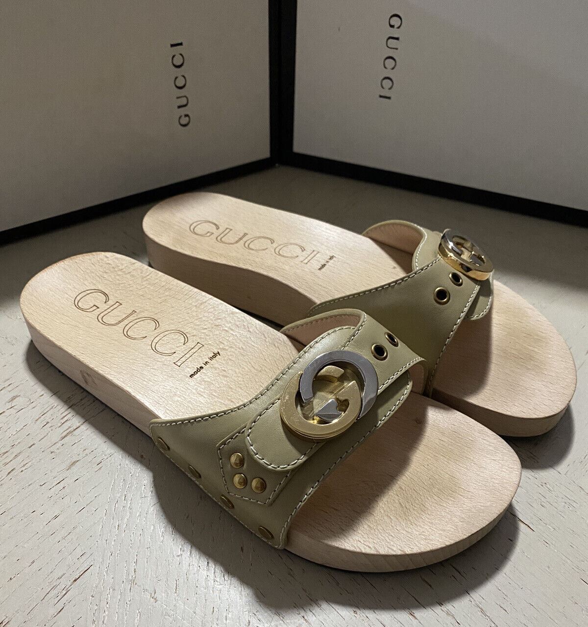 Gucci Damen Sandale Holz/Lederschuhe Beige 9 US (39 Eu) Italien