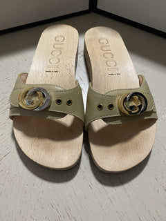 Gucci Damen Sandale Holz/Lederschuhe Beige 9 US (39 Eu) Italien