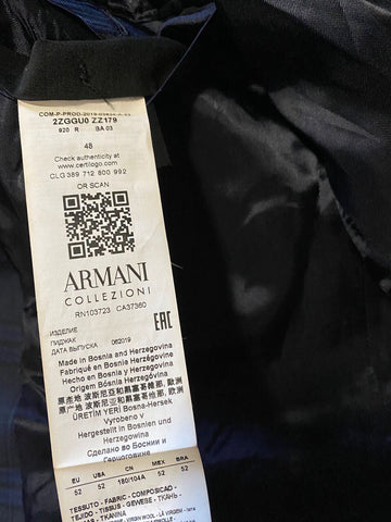 NWT $1495 Armani Collezioni Men Sport Coat Blazer Blue 42R US/52R Eu