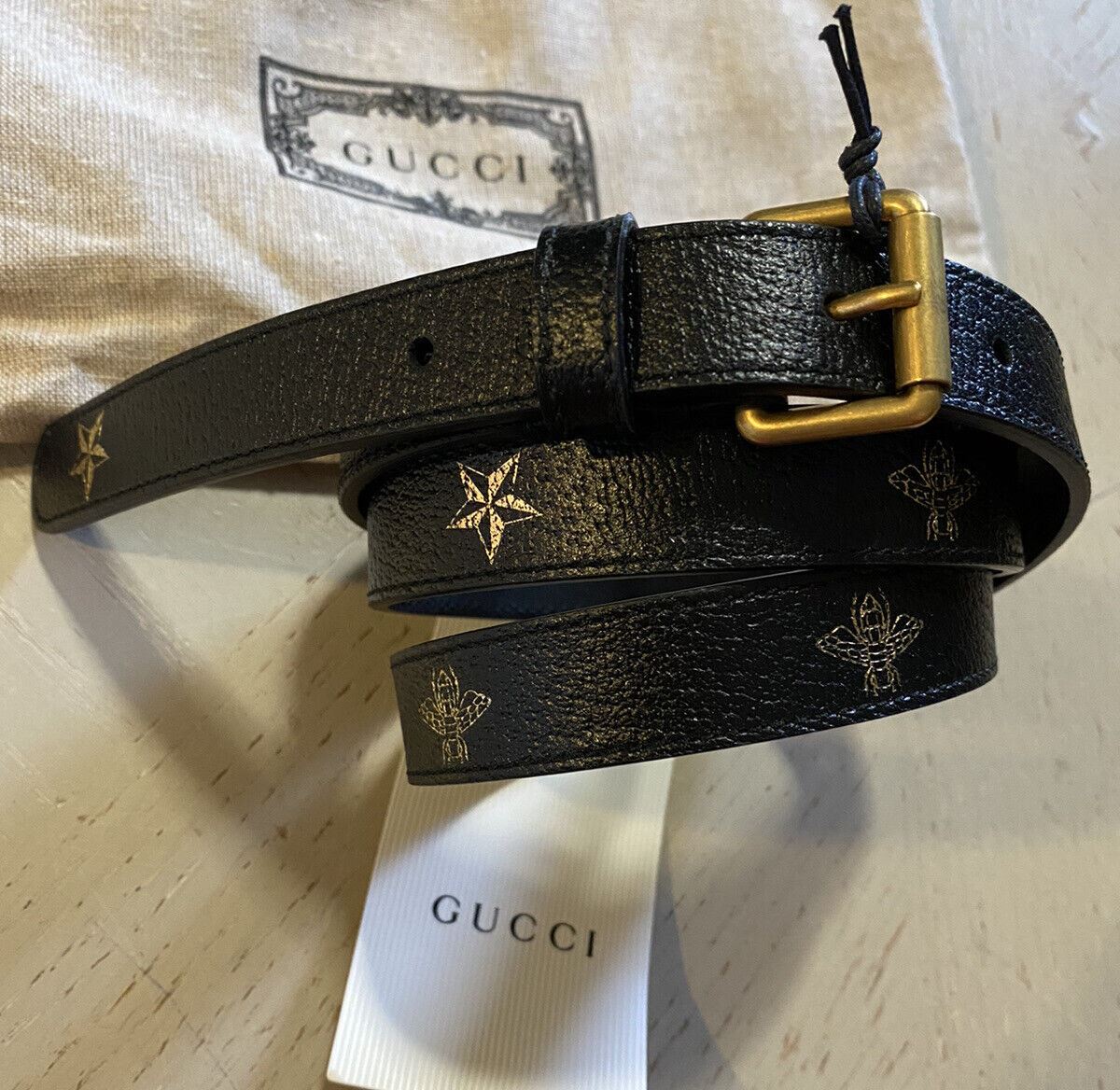 New Gucci Men’s Genuine Leather Bee Monogram Belt Black 85/34 Italy