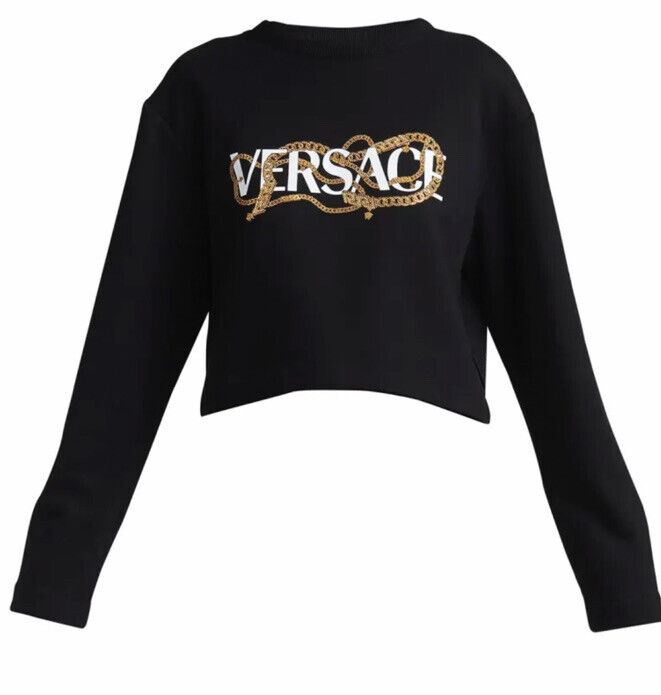 VERSACE Greca Chain Logo Crop Sweatshirt mit Strassverzierung Schwarz 44/8 US