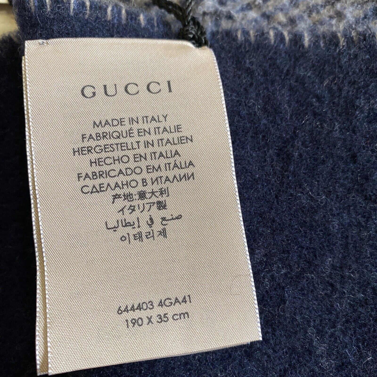 NWT Gucci Men’s Riverside Gucci Monogram Scarf Royal Blue/Gray Italy