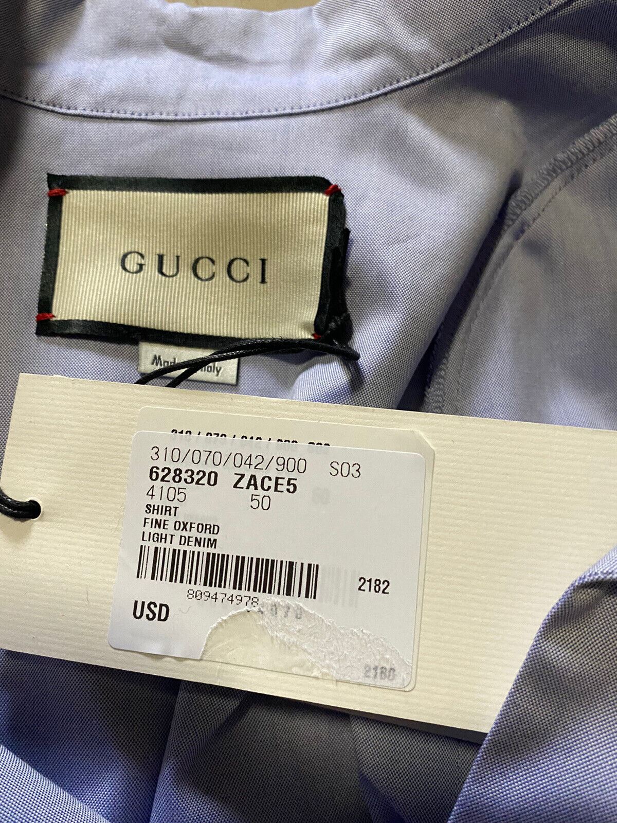 New Gucci Men Fine Oxford Light Denim Shirt Blue L US ( 50 Eu ) Italy