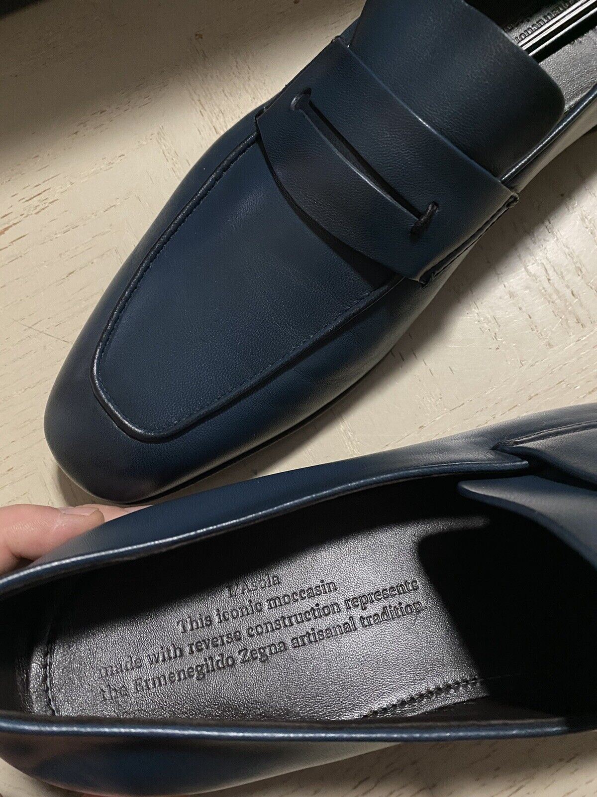 New $775 Ermenegildo Zegna Iconic Moccasin Leather Loafers Shoes MD Blue 10 US