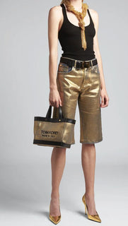 New $1690 TOM FORD Metallic Logo Mini Tote Bag Color Gold/Black Italy