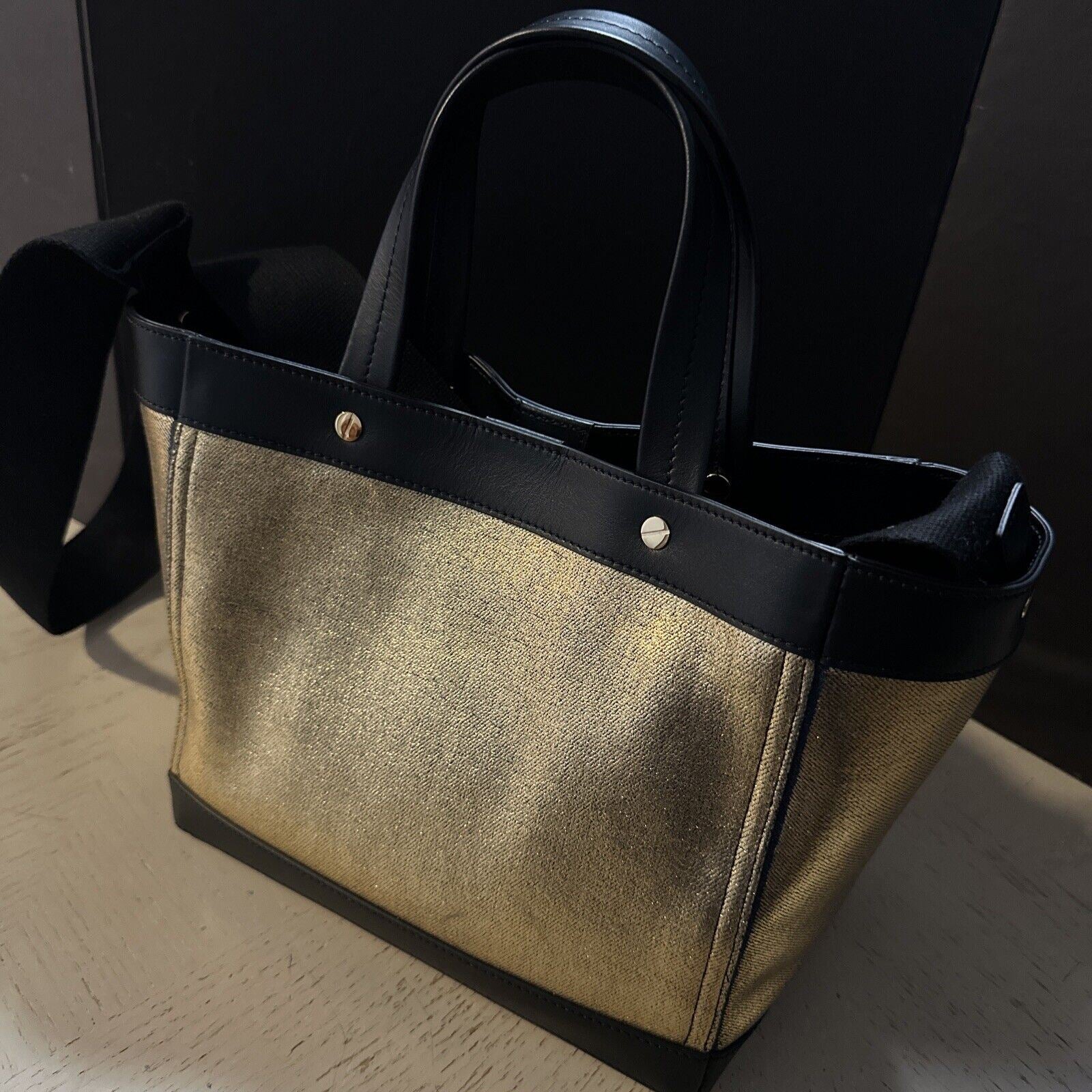 New $1690 TOM FORD Metallic Logo Mini Tote Bag Color Gold/Black Italy