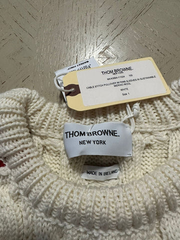 Neu mit Etikett: Thom Browne Herren-Pullover aus Merinowolle mit Zopfmuster, Weiß, Größe S (1), Irland