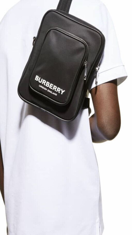 New $910 Burberry Men's Logo Print Nylon Crossbody Bag Black Italy
