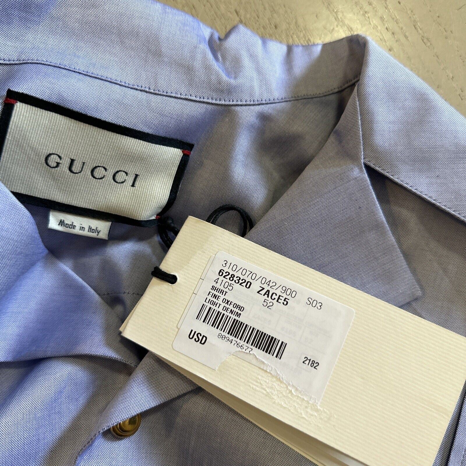 New Gucci Men Fine Oxford Light Denim Shirt Blue XL US ( 52 Eu ) Italy