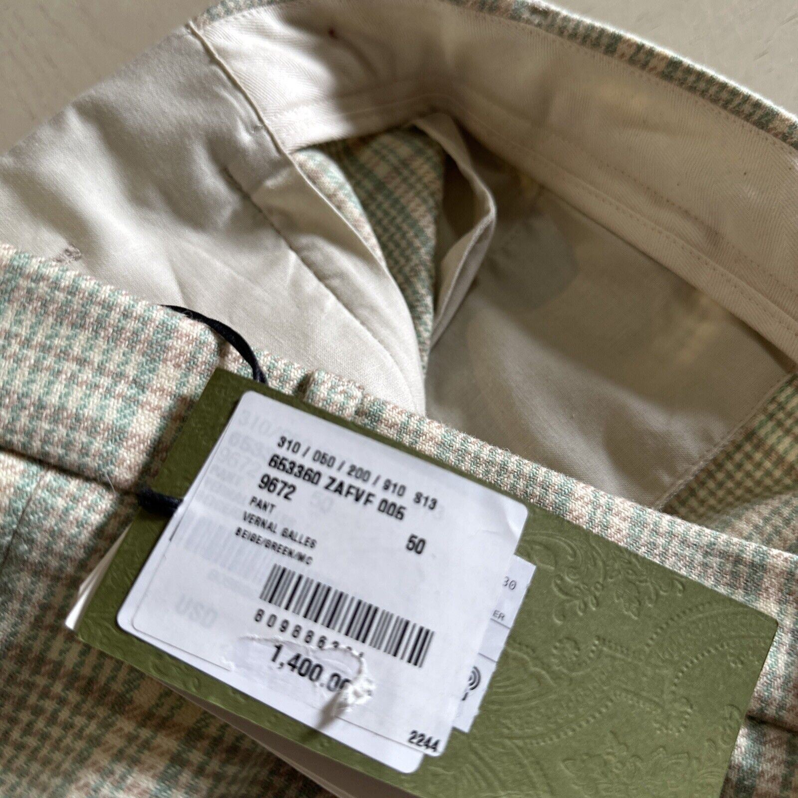 СЗТ $1400 Мужские классические брюки Gucci зеленый/бежевый 34 США (50 ЕС) Италия