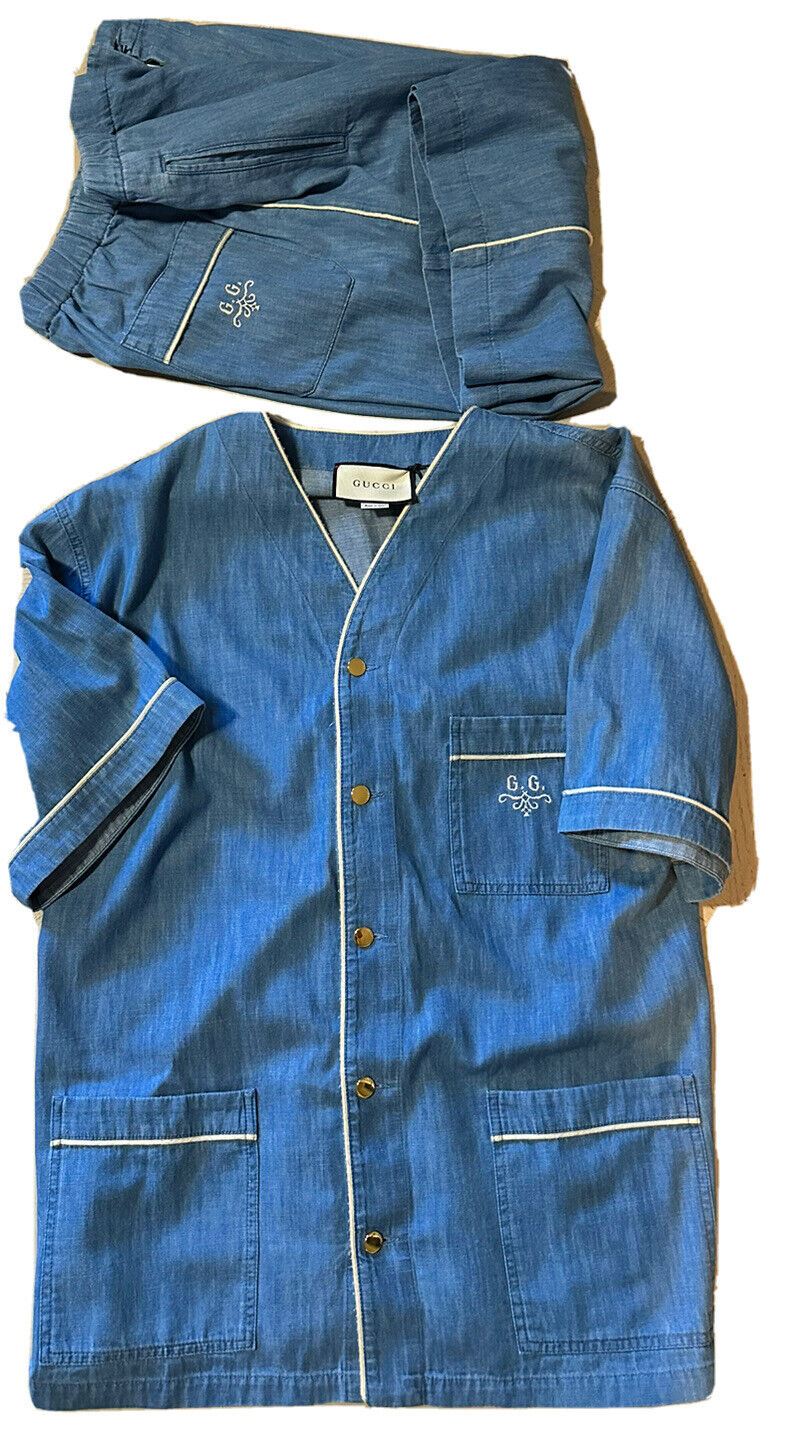 New $1980 Gucci Men's Washed Denim Shorts and Shirt Set Blue 40 US/50 Eu