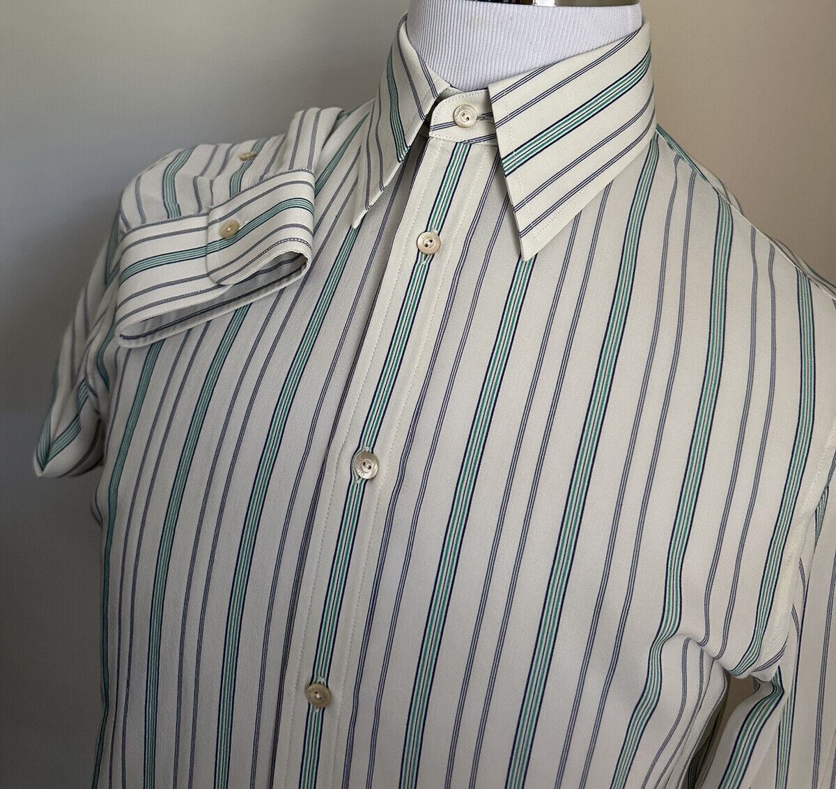Новая мужская шелковая классическая рубашка Gucci за $1200, белый/зеленый цвет 39/15,5 Италия