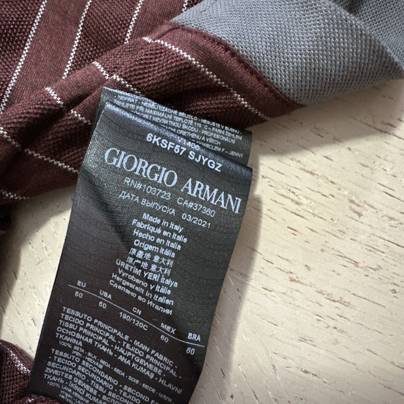 NWT $1025 Мужская шелковая футболка Giorgio Armani бордовая 50 США/60 ЕС (XXL) Италия