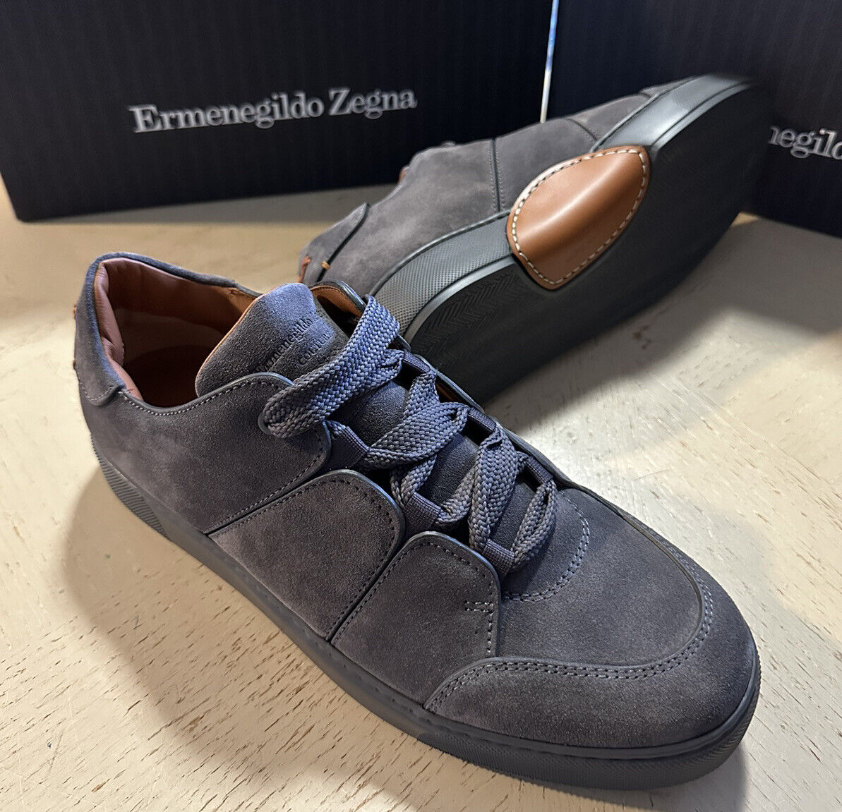 New $850 Ermenegildo Zegna Couture Suede/Leather Sneakers Shoes Dark Gray 9.5 US