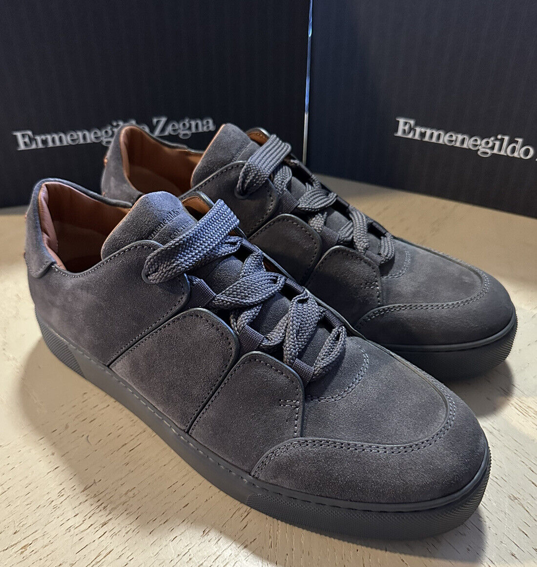 Neue $850 Ermenegildo Zegna Couture Wildleder/Leder Sneakers Schuhe Dunkelgrau 9,5 US