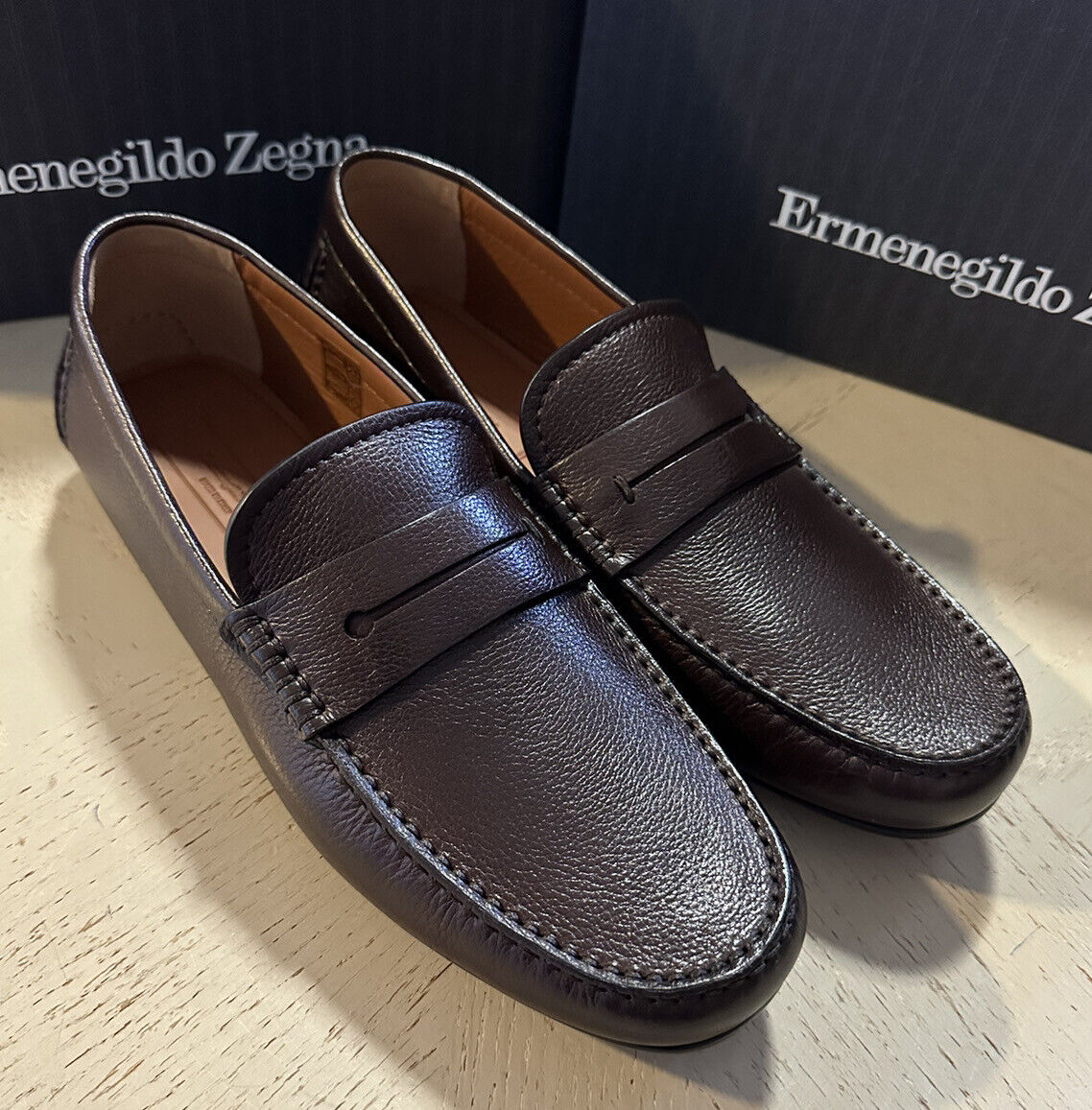 New $660 Ermenegildo Zegna Leather Driver Loafers Shoes Brown 10.5 US