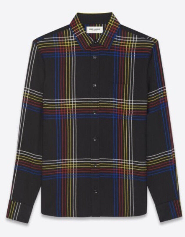 NWT 1190 долларов США Saint Laurent Yves, приталенная шерстяная рубашка в клетку, цвет Черный/Мю 41/16