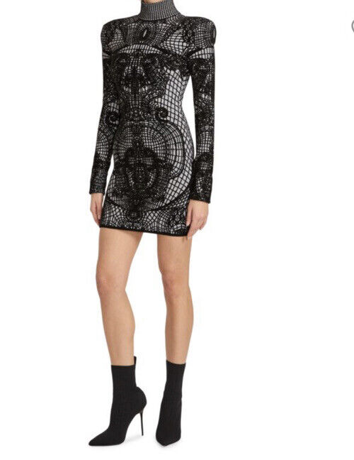 Новое облегающее мини-платье Balmain с рисунком, $3050, черное, 44/12, Италия