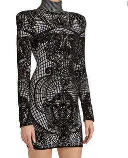Новое облегающее мини-платье Balmain с рисунком, $3050, черное, 44/12, Италия