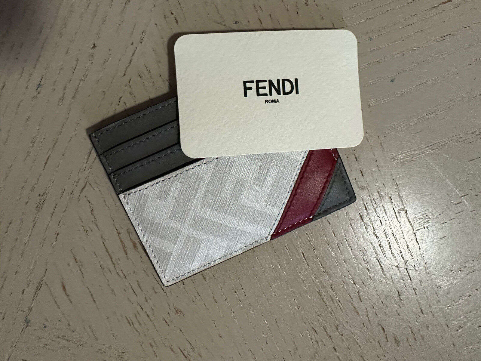 New Fendi Logo Print Leather Card Case Wallet Cream/Red/Gray Italy