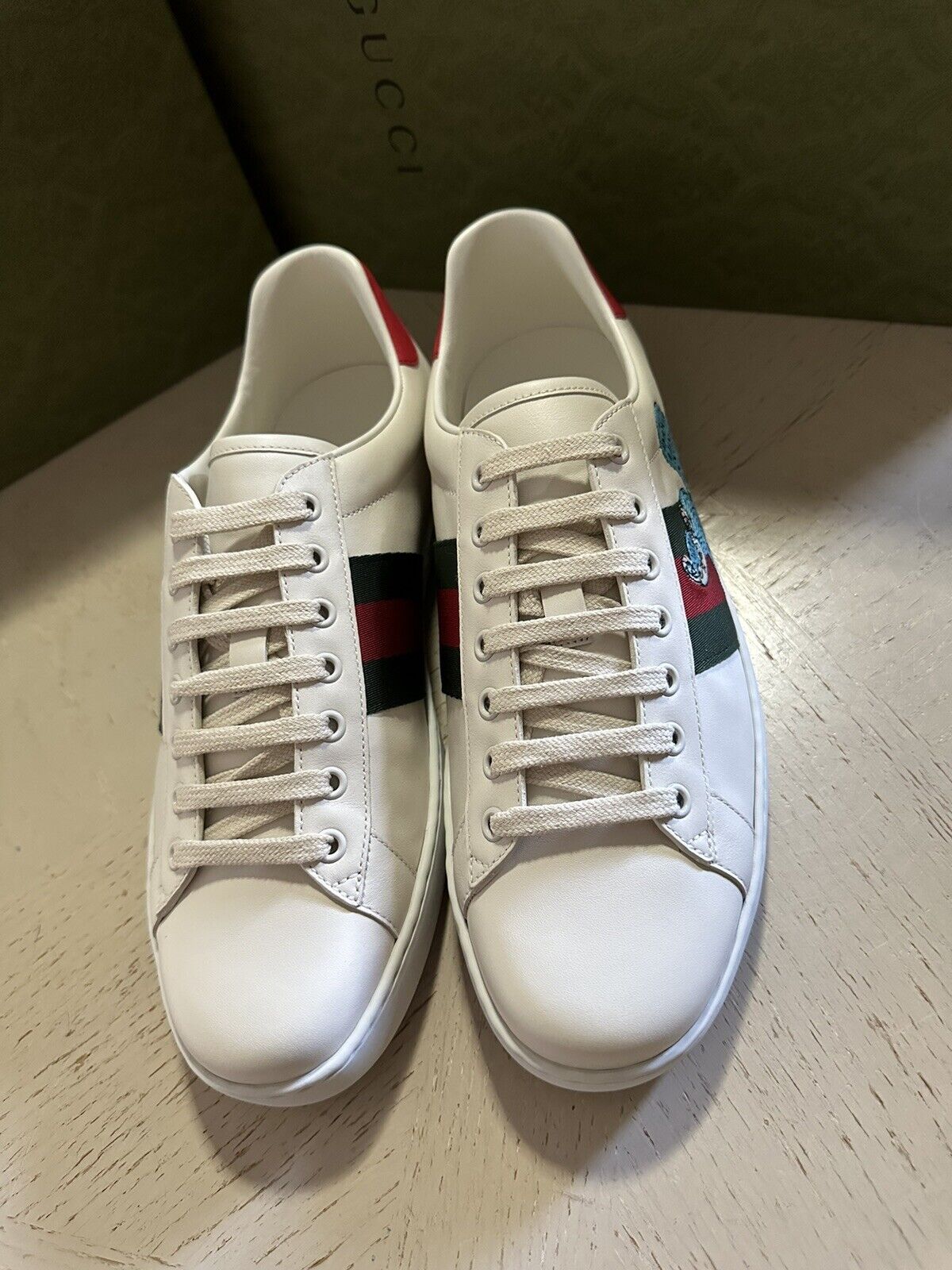 New Gucci Men Leather Freya Hartas Ace Sneaker Shoes White/Nat 9 US/8 UK 659219