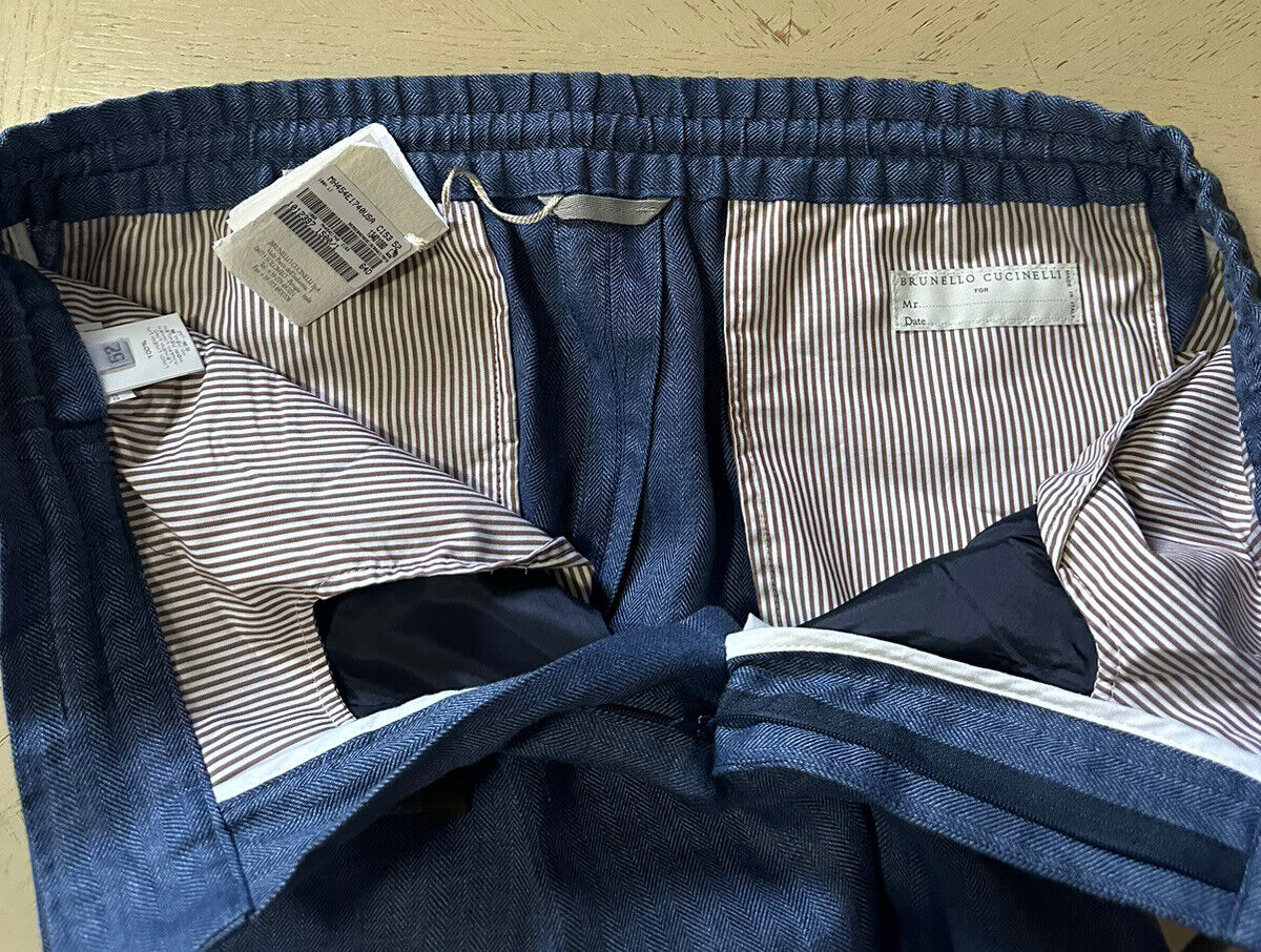 Neu mit Etikett: 1575 $ Brunello Cucinelli Herren-Leinenhose mit Kordelzug, Marineblau, 36 US/ 52 EU, Italien