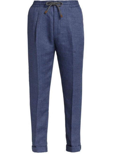 Neu mit Etikett: 1575 $ Brunello Cucinelli Herren-Leinenhose mit Kordelzug, Marineblau, 36 US/ 52 EU, Italien