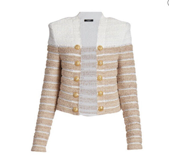 Новый твидовый жакет Balmain в полоску с эффектом металлик, бежевый/мульти, $2795, 44/12, Франция