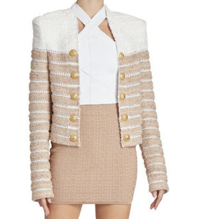 Новый твидовый жакет Balmain в полоску с эффектом металлик, бежевый/мульти, $2795, 44/12, Франция